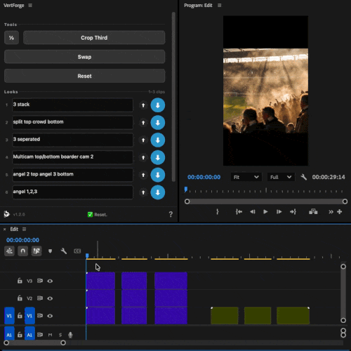 VertForge applying a saved stacked layout to clips in Premiere Pro