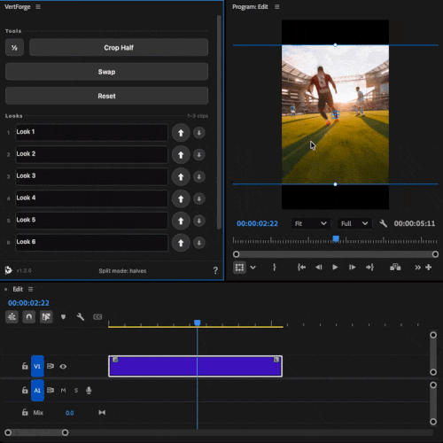 VertForge cropping a clip to an exact half in Premiere Pro with one click