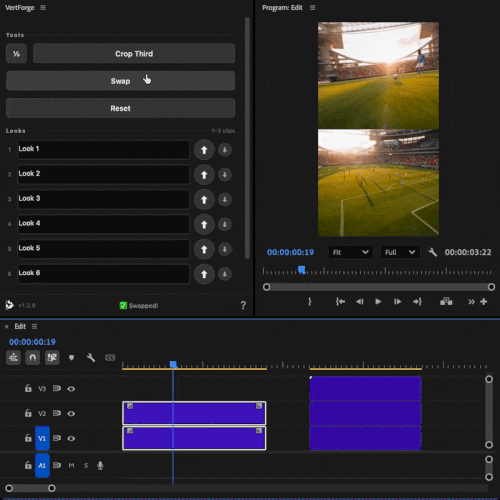 VertForge swapping the framing between two stacked clips in Premiere Pro